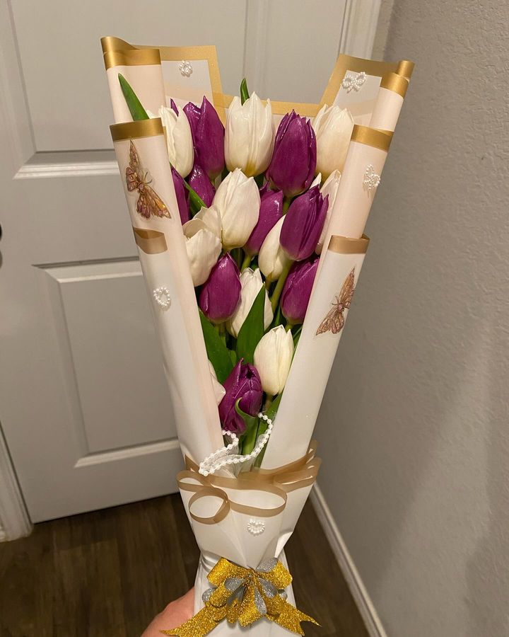 Purple tulips, gold-edge cone