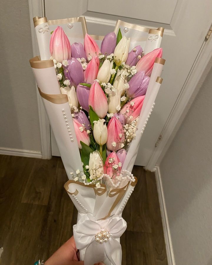 Pink tulips, pearl trim